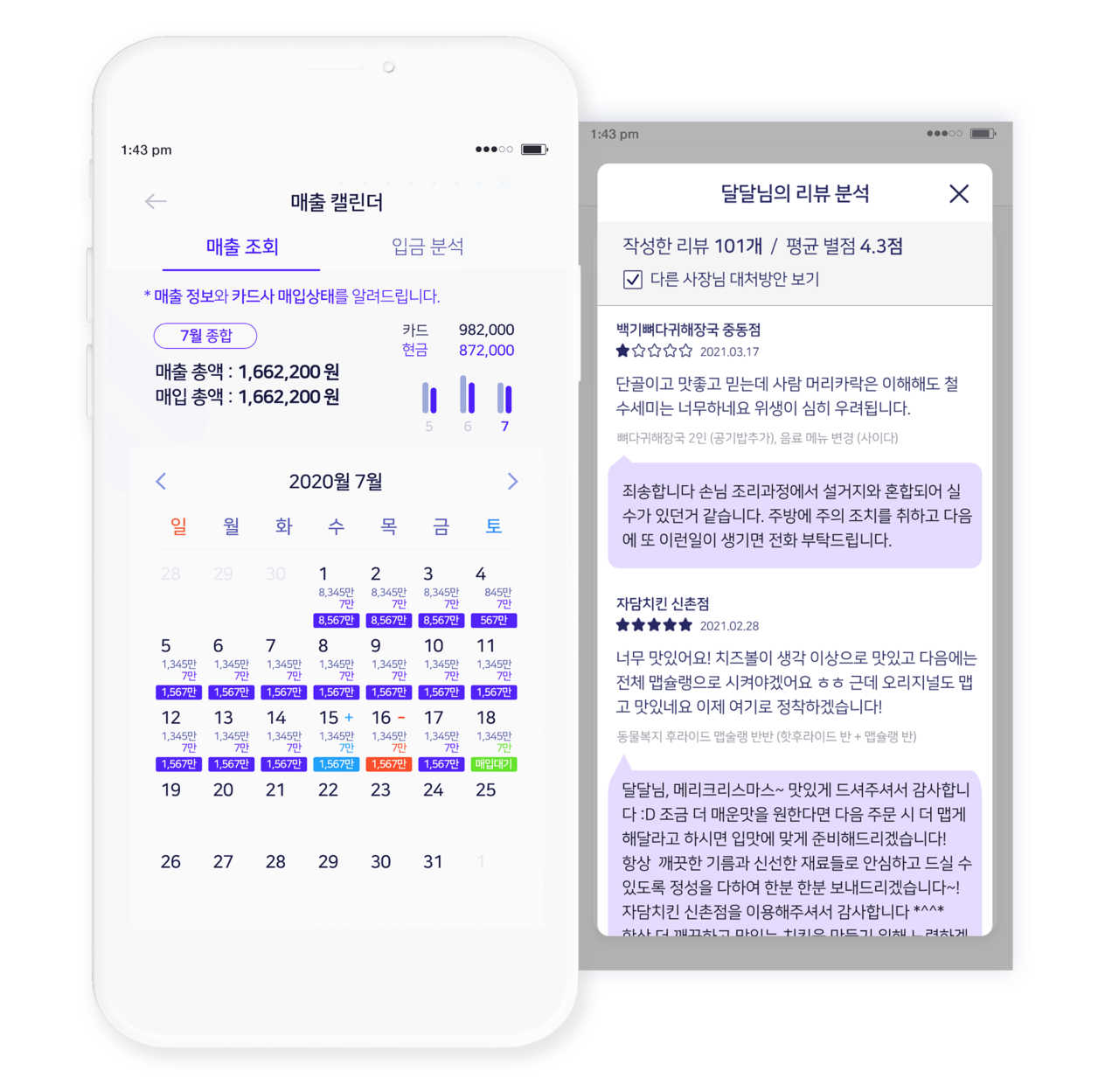 달아요캐시 매출 캘린더와 리뷰 분석 화면